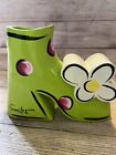 Smilze Lime Green Funky Resin Boot Shaped Pencil Holder Polka Dots Daisy 7.5x6”