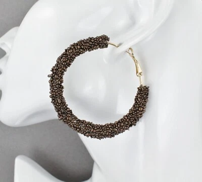棕色串珠环状耳环纹理环 2 1/8 英寸宽种子珠 — 第 1/4 张图片