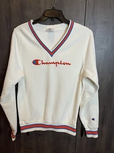 Champion Adult Sweatshirt Small White Heritage Embroidered Reverse Weave V-Neck - Picture 1 of 8