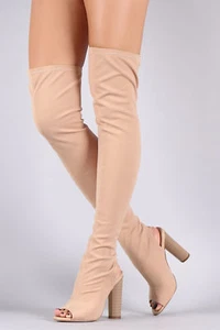 new IVORY 4.5"Block Heel Open Toe Stretchy Over Knee Boots WOMEN Size 7.5 - Picture 1 of 8