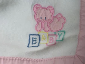 Vintage Baby Blanket Acrylic White Binding Pink 34” X 44” Teddy Bear Appliqué - Picture 1 of 9