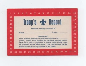 Tarjeta de ahorro Troop Record, impresión 1975, 2 caras, rojo y azul sobre blanco, como nueva - Imagen 1 de 2