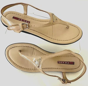 PRADA Triangle Logo Beige/Nude Patent Leather Ankle Strap Thongs Sandals sz. 9 - Picture 1 of 16