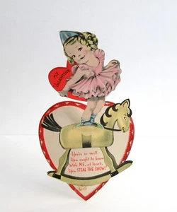 Valentines Card Girl standing on Rocking Horse Vintage 1950 Era moves slightly - Picture 1 of 6