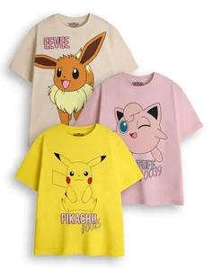 Pokemon Pikachu, Eevee & Jigglypuff Multi-Pack of 3 Short-Sleeved T-Shirts Girls - Picture 1 of 9