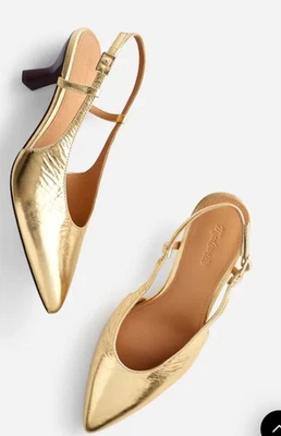 Туфли-лодочки Madewell The Debbie Slingback размер 7 металлик золотистый каблук котенка с заостренным носком - Изображение 1 из 4