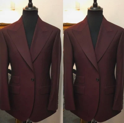 Burgundy Men Suits Wide Peak Lapel Formal Business Wedding Groom Tuxedo 2 Pieces - Image 1 of 4