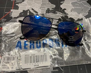 NWT AEROPOSTALE MENS MIRRORED AVIATOR SUNGLASSES BLACK RIMS BLUE LENSES 6888 - Picture 1 of 2