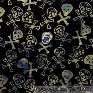 BonEful Fabric FQ Cotton Quilt Black Gray Blue Gold BATIK Skeleton Skull Bone US - Picture 1 of 9