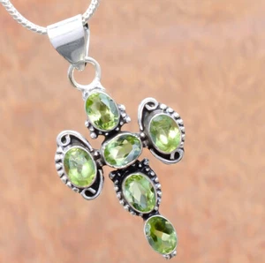 Faceted Peridot Multi Gemstone Cross 925 Sterling Silver Casual Occasion Jewelry - Picture 1 of 9
