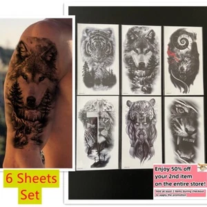 Set of 6 - Waterproof Temporary Tattoo Stickers Animal Tiger Wolf Arm & Body Art - Picture 1 of 5