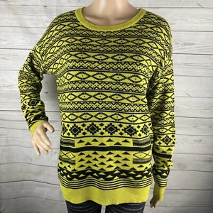 Forever 21 Sweater Small Chartreuse Green Black Pattern Retro Wool Mohair Blend - Picture 1 of 12