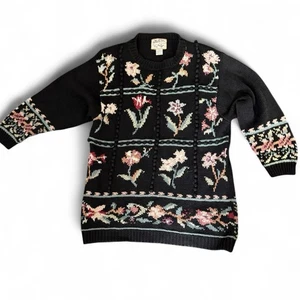 Cottagecore Oma Grobstrick Pullover schwarz dunkel Blumen Pastell Kugeln Tunika 2X - Bild 1 von 9