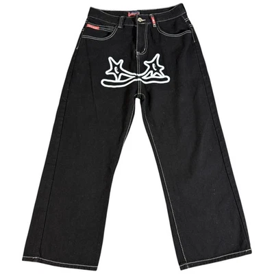 Pantalones de mezclilla JNCO vintage de los 90 negros pierna ancha bordado corona logotipo mujer 30x25 RARO Foto 1 de 4