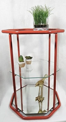 Fully Restored Brick Red Brass Glass Mirror 3 Tier Etagere Shelf Unit C. 1960s - Image 1 of 4