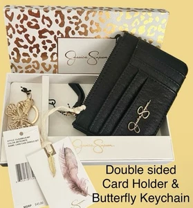 Jessica Simpson Double Sided Lg Card Holder W/zipTop Sect&Butterfly Keychain NWT - Picture 1 of 9