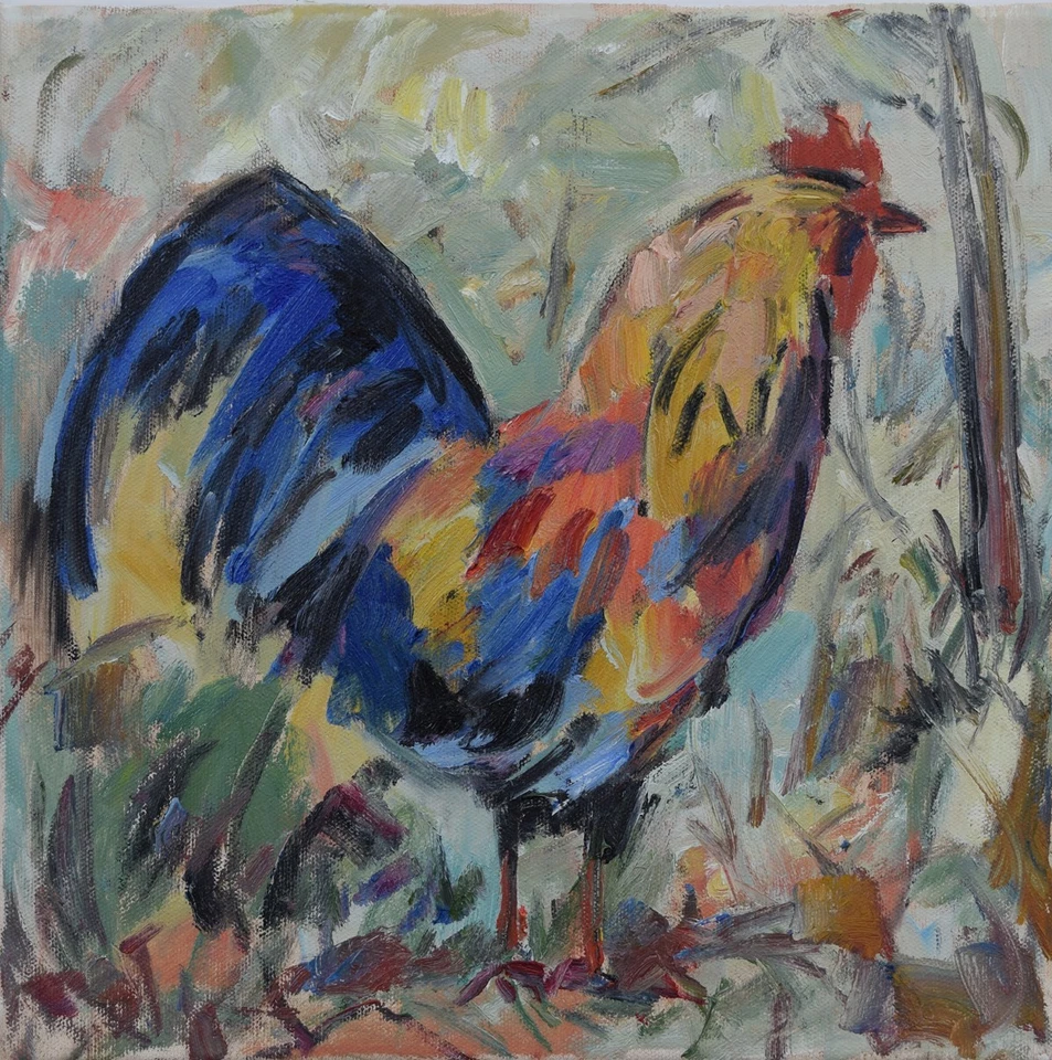 Искусство оригинал картина маслом RM Mortensen «Петух» ферма курица птица новый 12» x 12» - Изображение 1 из 1