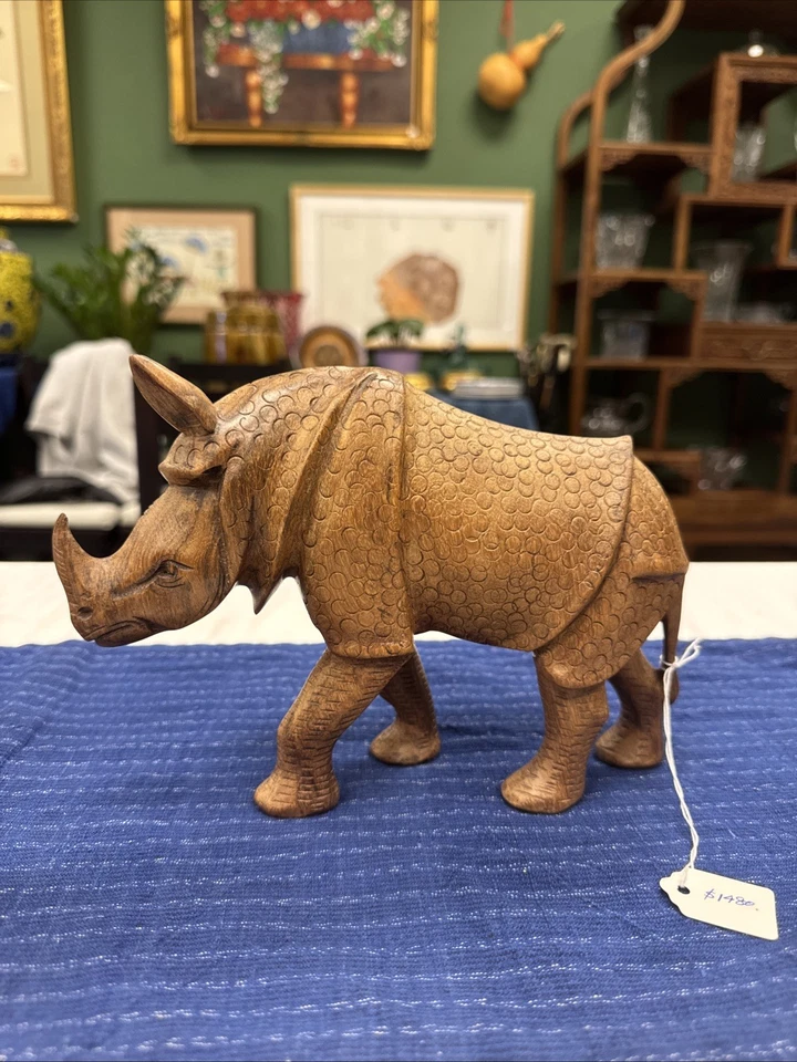 Antique Chinese Rhino with hainan huang hua li wood hand made art   - Image 1 of 4