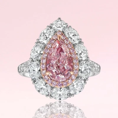 Diamond Ring IGI Fancy Intense Pink Pear 3.70 Ct Lab Grown 14K Multi Tone Gold - Image 1 of 4
