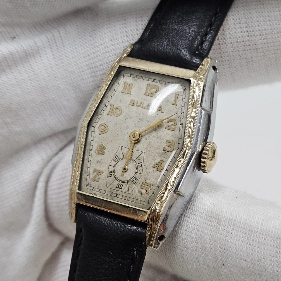 Rare Vintage Bulova Deco Men Two Tone Watch Carved Case Cal 10AN 15 Jewel Swiss - Image 1 of 4