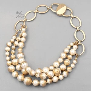 Collana Orecchini Bracciale Set Gioielli Donna Placcati Oro Perla Strati Grossi 16 - Foto 1 di 20