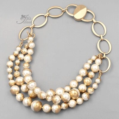 Collar de perlas gruesas llamativas pulsera tono dorado collar de múltiples hilos Foto 1 de 4