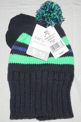 NEW CARTERS BABY BOYS BLUE AND GREEN STRIPED HAT & MITTEN SET 9-18M - Image 1 of 2