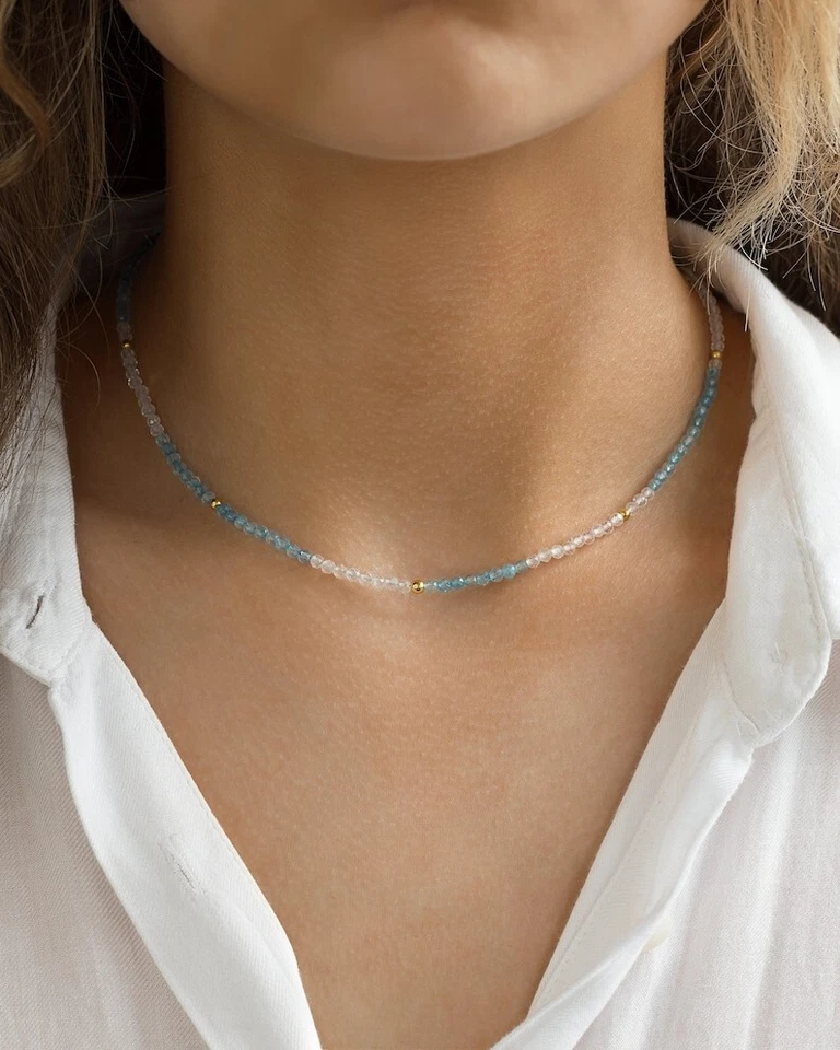 A++ 2-3MM White & Blue Topaz Faceted Round Gemstone Beads Women Necklaces 24'' - Image 1 of 4