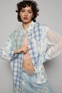 POL Clothing Women's Floral Crochet Detail Button-Down Shirt Top in Blue - Picture 1 of 5