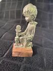 Vintage Peltro Pewter Figurine Praying On Wood Base From Italy