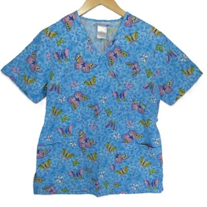 SB Scrubs Women's Blue Size S Scrub Top Butterflies V-neck Pockets Ties in Back - Picture 1 of 8