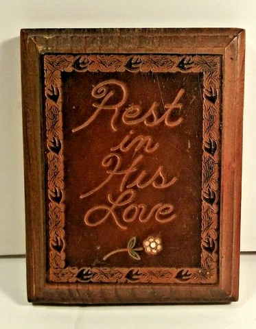 "REST IN HIS LOVE." ONE WAY LEATHER HAND CRAFTED TOOLED LEATHER WOOD WALL DECOR Cover