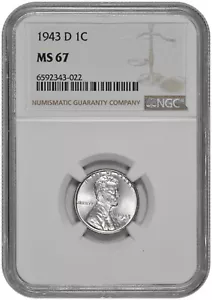 1943 D 1c Lincoln Steel Wheat Cent NGC MS 67 - Picture 1 of 3