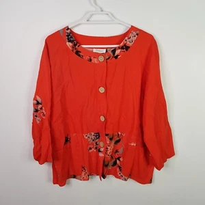 Capture Linen Full Button Relaxed Blouse Top Womens Size 10 Orange Floral Design - Picture 1 of 11