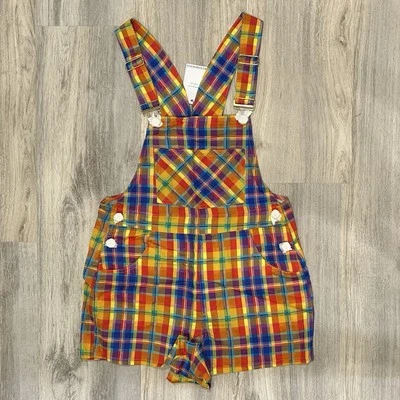 NWT WeWoreWhat Colorful Plaid Rainbow Shorts Overalls Romper Linen Cotton SizeXS - Image 1 of 4