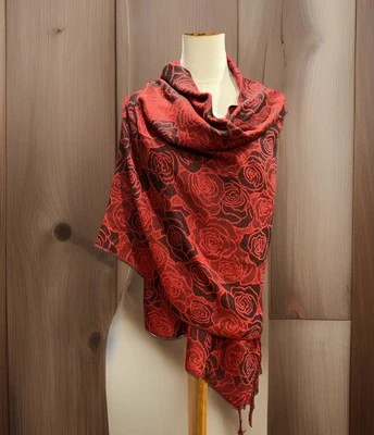 "Bufanda negra rosas rojas cachemir y seda pashmina chal envoltura para el hombro 68x52""" Foto 1 de 4