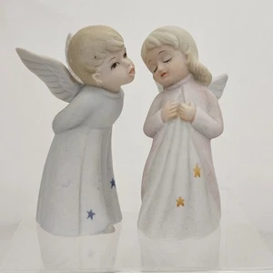 Vtg 1990 Lefton Kissing Angels Bisque Porcelain Hand Painted 07701 Boy & Girl - Picture 1 of 15