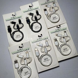 6 New 3-in-1 Fast 3FT Charging Cable - Light (8-Pin), USB-C, and Micro-USB - Picture 1 of 2