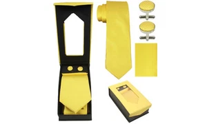 Corbata de diseño + puño + Hanky Set - Elegante esmoquin de cumpleaños de boda AMARILLO - Imagen 1 de 3