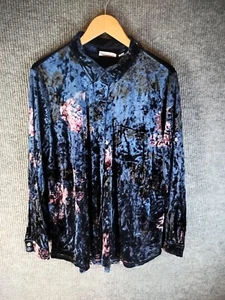 Quaker Factory Shirt Women's Size XL Blue Crushed Velvet Button Up Collared - Picture 1 of 10