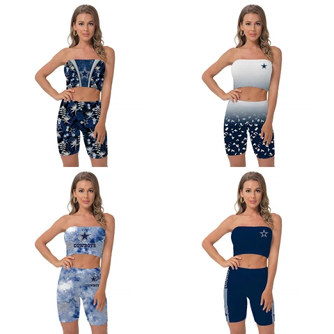 Dallas Cowboys Women's 2 Piece Bandeau Crop Top Biker Shorts Sexy Yoga Outfit Cover