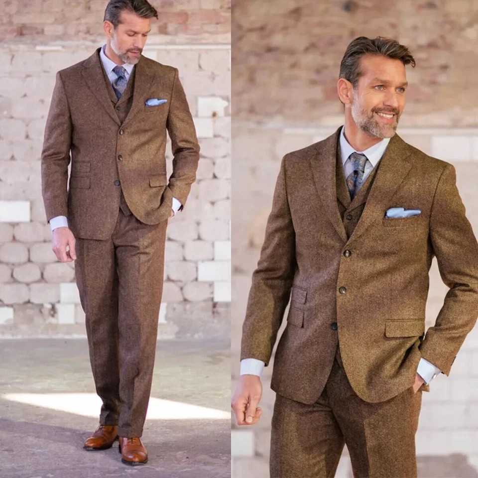 Ternos masculinos empresariais mistura de lã tweed ajuste regular entalhe lapela roupa de trabalho - Imagem 1 de 4