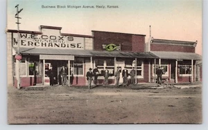 Business Block Michigan Avenue Healy Kansas General Store Bank VTG 1913 Postcard - Picture 1 of 5