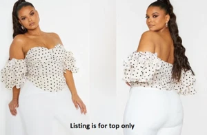 PRETTYLITTETHING Bardot Crop Top Plus Size 20 Cream Polka Dot Ruffe Sleeve NWT - Picture 1 of 4