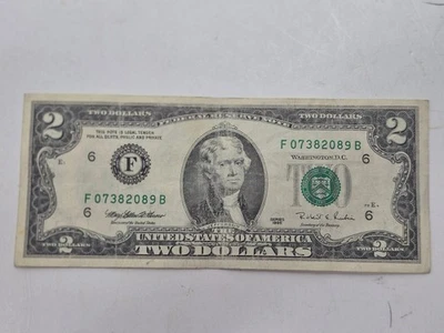 RARE VINTAGE 1995 $2 DOLLAR BILL F07382089B,  ATLANTA - Image 1 of 4