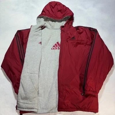 Vintage Adidas Reversible Puffer Jacket Men's 2XL Coat Red Gray Fleece Coach Y2K - Image 1 of 4