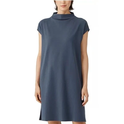 Vestido Eileen Fisher Mujer L Azul Cuello Embudo Midi Minimalista Orgánico Sostenible Foto 1 de 4