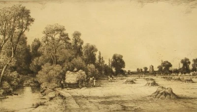 Lápis John Fullwood assinado gravura em ponto seco 'Warwickshire Harvest' década de 1900 - Imagem 1 de 4