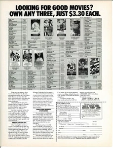 1987 CBS VIDEO CLUB VHS Beta Tape Movie Vintage Magazine Print Advertising - Picture 1 of 1