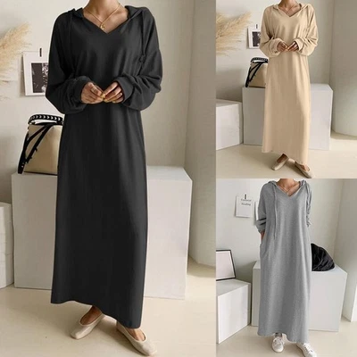 Long Sleeve Women Hooded Sweatshirt Maxi Dress Solid Hoodies Dresses Kaftan UK - Image 1 of 4